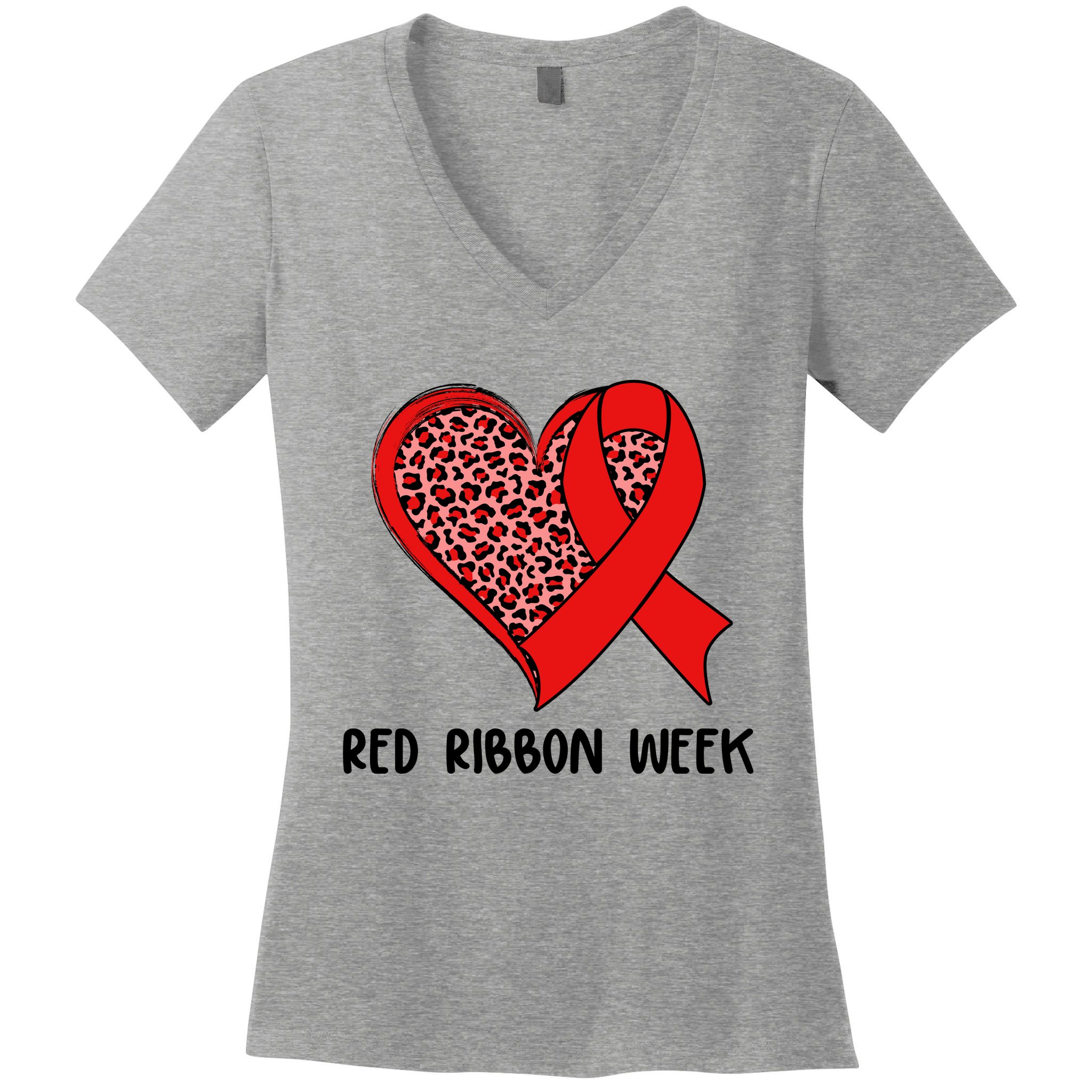 Red Ribbon Awareness Week Leopard Print Heart Women's V-Neck T-Shirt