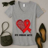 Red Ribbon Awareness Week Leopard Print Heart Women's V-Neck T-Shirt