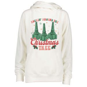 Retro Rockin Around The Christmas Tree Respiratory Therapist Gift Womens Funnel Neck Pullover Hood