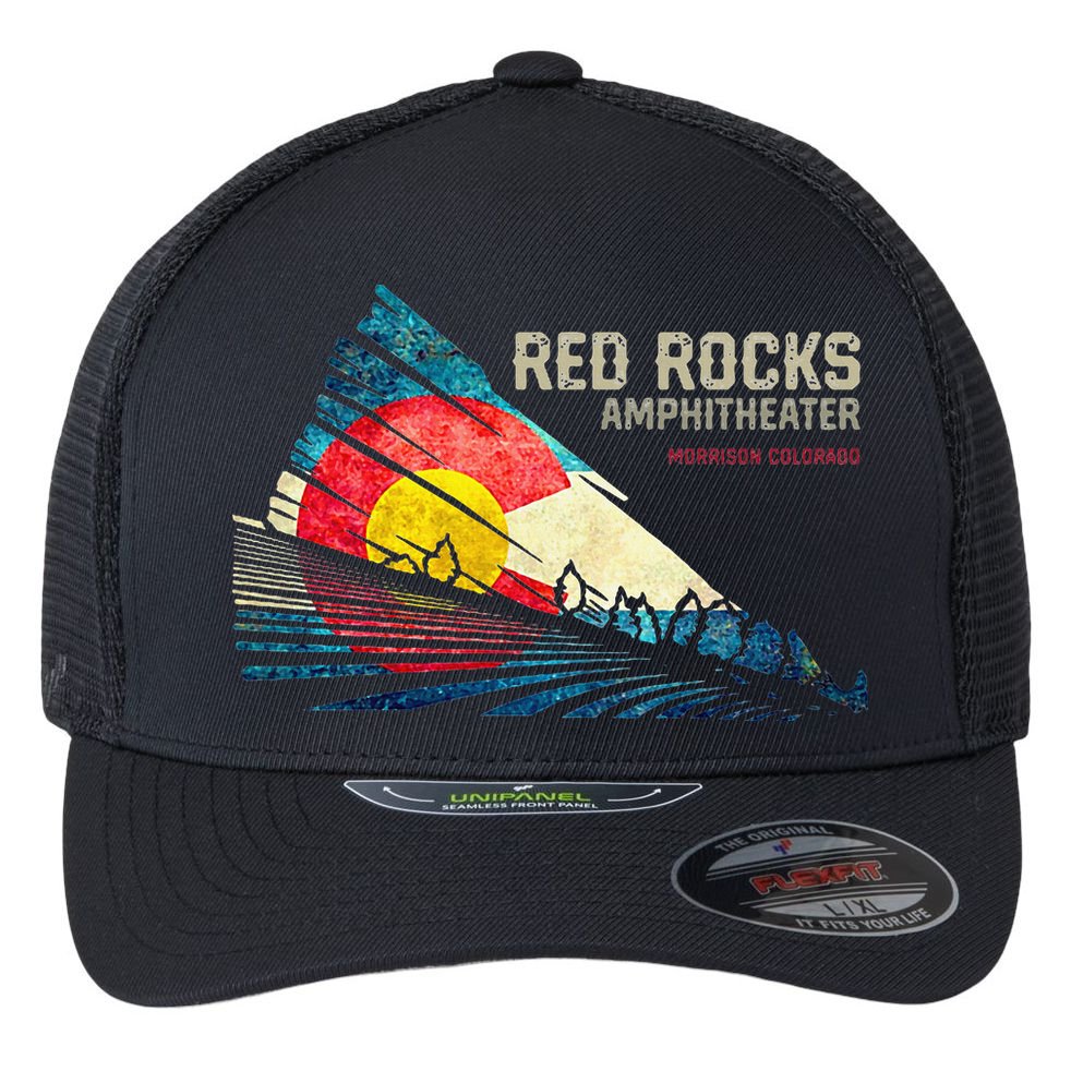 Red Rocks Amphitheater Colorado C State Flag Flexfit Unipanel Trucker Cap