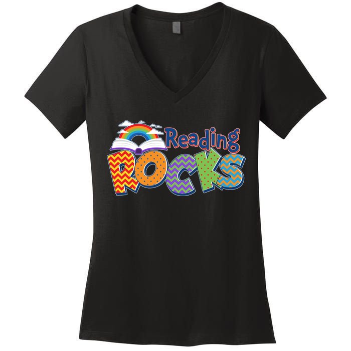 Reading Rocks Book Lover Reading Fan Women's V-Neck T-Shirt