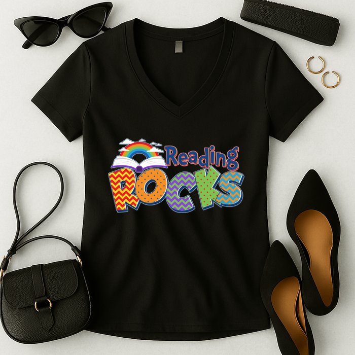 Reading Rocks Book Lover Reading Fan Women's V-Neck T-Shirt