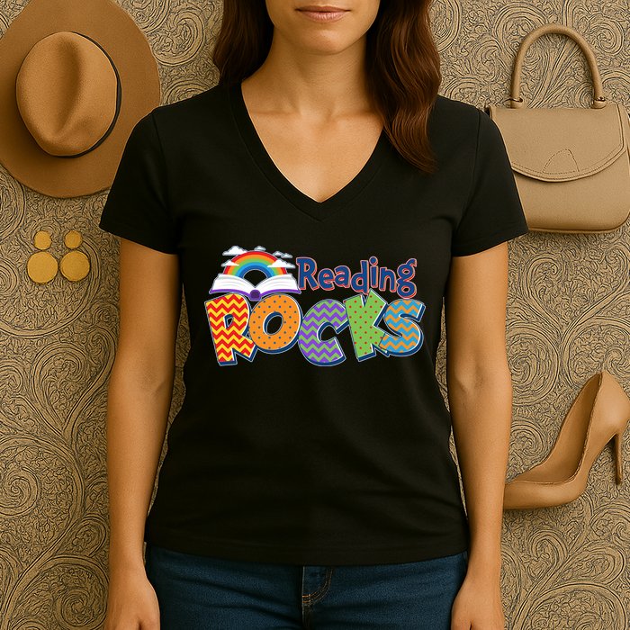 Reading Rocks Book Lover Reading Fan Women's V-Neck T-Shirt