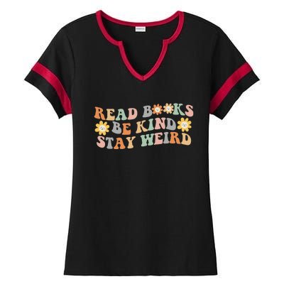 Retro Read Books Be Kind Stay Weird Funny Book Lover Reading Ladies Halftime Notch Neck Tee