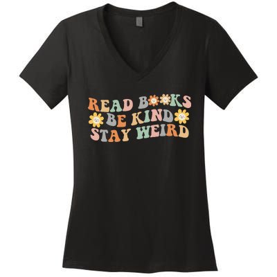 Retro Read Books Be Kind Stay Weird Funny Book Lover Reading Women's V-Neck T-Shirt