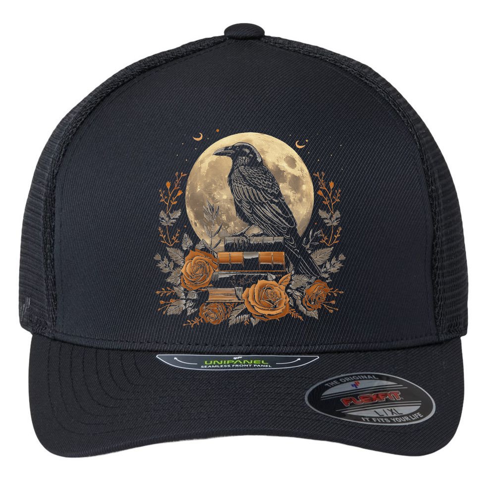Raven Reading Book Occult Crow Flexfit Unipanel Trucker Cap