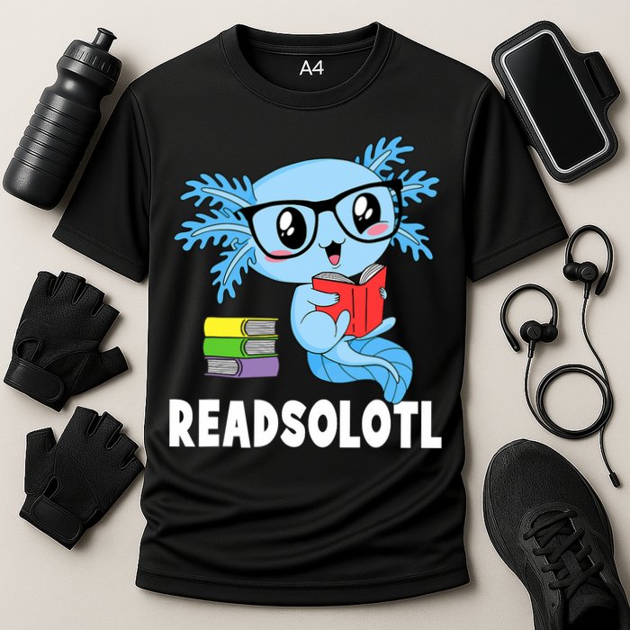 Readsolotl Read Book Funny Kawaii Blue Axolotl Reading Books Cooling Performance Crew T-Shirt
