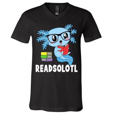 Readsolotl Read Book Funny Kawaii Blue Axolotl Reading Books V-Neck T-Shirt