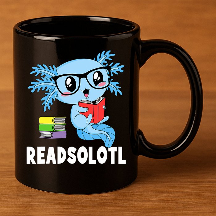 Readsolotl Read Book Funny Kawaii Blue Axolotl Reading Books 11oz C Handle Ceramic Mug