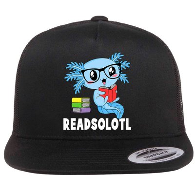 Readsolotl Read Book Funny Kawaii Blue Axolotl Reading Books Flat Bill Trucker Hat