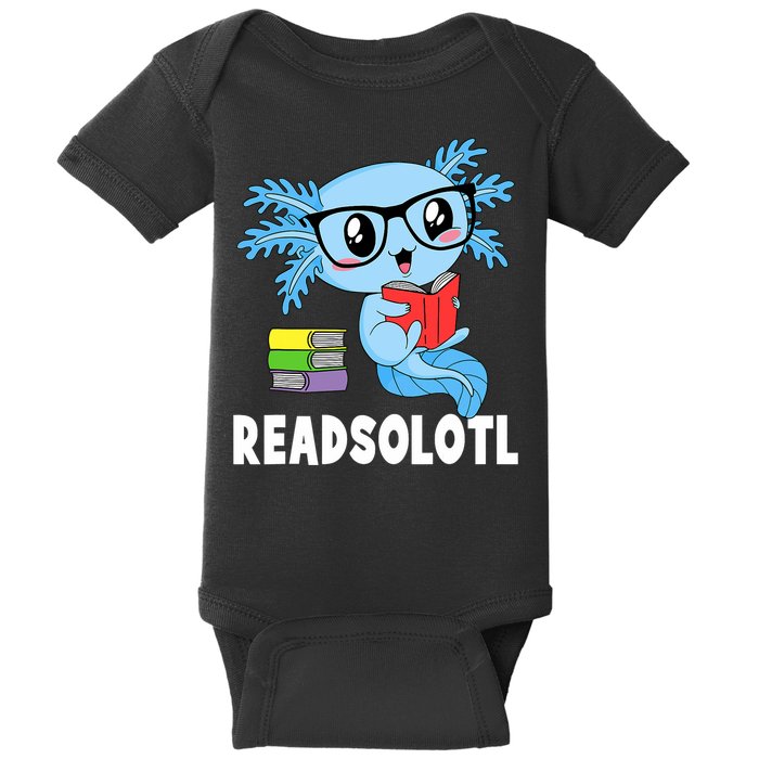 Readsolotl Read Book Funny Kawaii Blue Axolotl Reading Books Baby Bodysuit