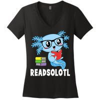 Readsolotl Read Book Funny Kawaii Blue Axolotl Reading Books Women's V-Neck T-Shirt