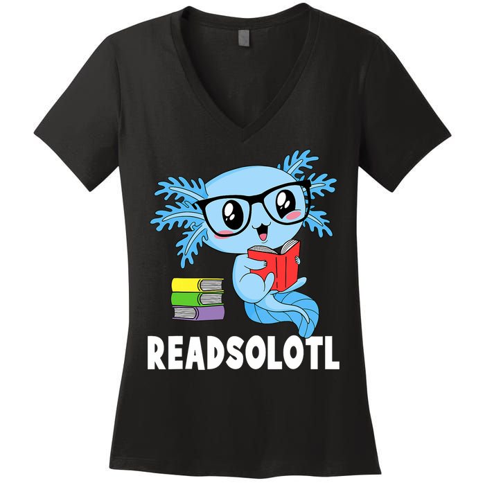 Readsolotl Read Book Funny Kawaii Blue Axolotl Reading Books Women's V-Neck T-Shirt