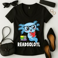 Readsolotl Read Book Funny Kawaii Blue Axolotl Reading Books Women's V-Neck T-Shirt