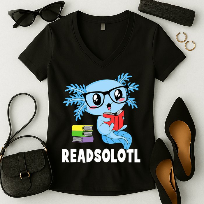 Readsolotl Read Book Funny Kawaii Blue Axolotl Reading Books Women's V-Neck T-Shirt