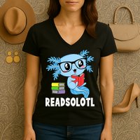 Readsolotl Read Book Funny Kawaii Blue Axolotl Reading Books Women's V-Neck T-Shirt