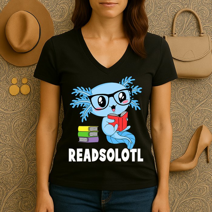 Readsolotl Read Book Funny Kawaii Blue Axolotl Reading Books Women's V-Neck T-Shirt