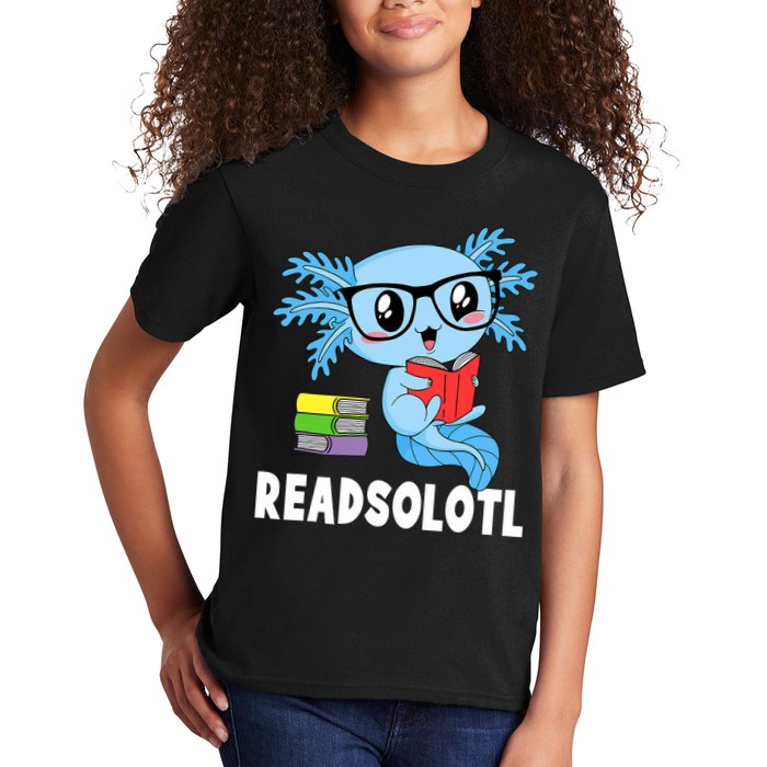 Readsolotl Read Book Funny Kawaii Blue Axolotl Reading Books Kids T-Shirt