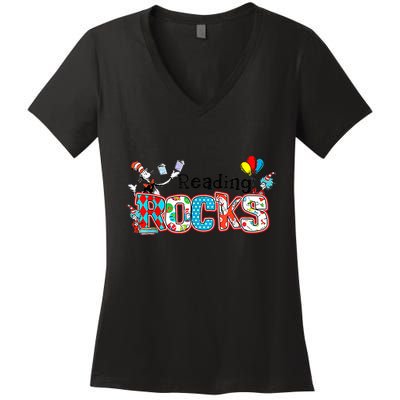 Reading Rocks Cat In Hat Women's V-Neck T-Shirt