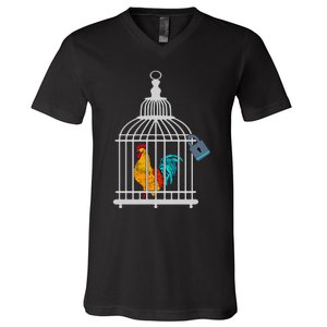 RED ROOSTER COCK MALE CHASTITY Chicken In Cage V-Neck T-Shirt