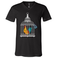 RED ROOSTER COCK MALE CHASTITY Chicken In Cage V-Neck T-Shirt