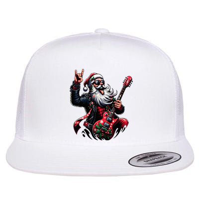 Rock & Roll Christmas Santa Claus Guitar Player Flat Bill Trucker Hat