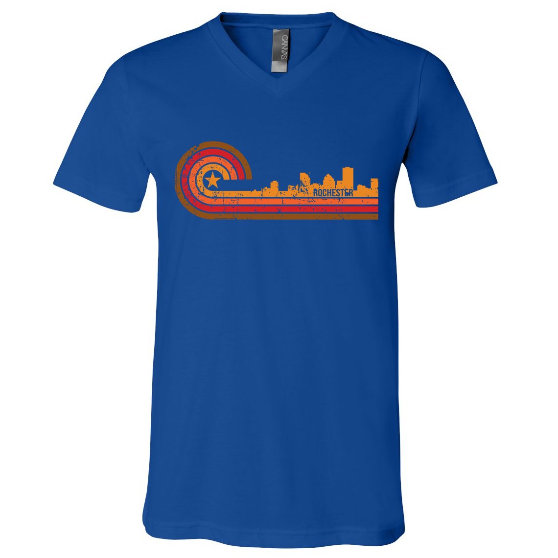 Retro Rochester Cityscape Gift Rochester Ny Skyline Gift V-Neck T-Shirt