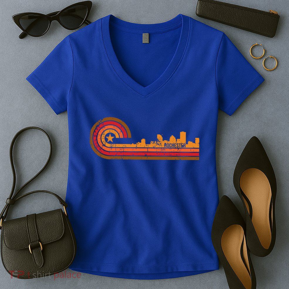 Retro Rochester Cityscape Gift Rochester Ny Skyline Gift Women's V-Neck T-Shirt