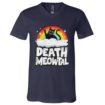 Retro Rainbow Cats Funny Death Metal Death Meowtal Cat V-Neck T-Shirt