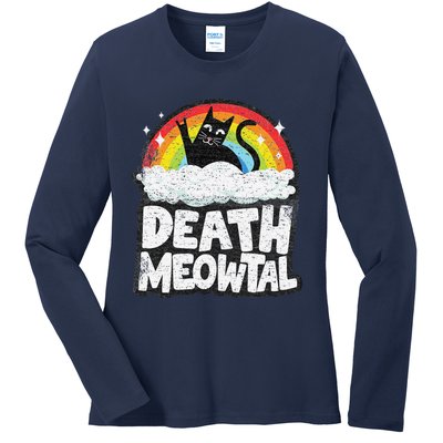 Retro Rainbow Cats Funny Death Metal Death Meowtal Cat Ladies Long Sleeve Shirt