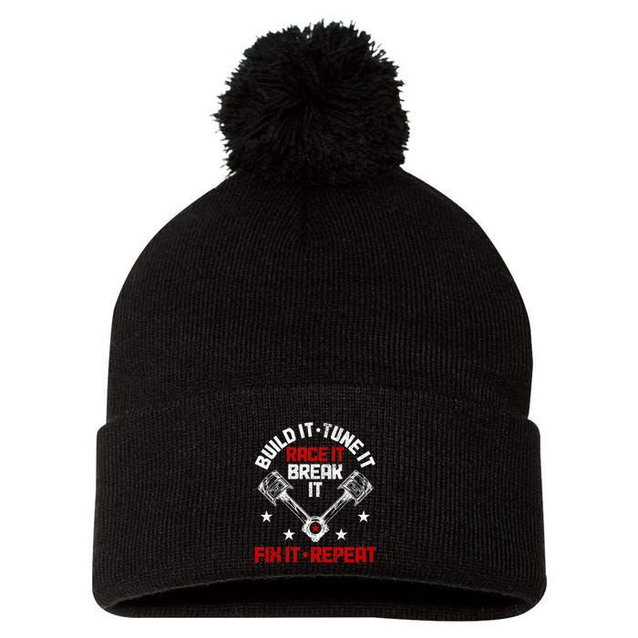 Racing Race Car Build Tune Break Fix Funny Racer Drag Racing Pom Pom 12in Knit Beanie