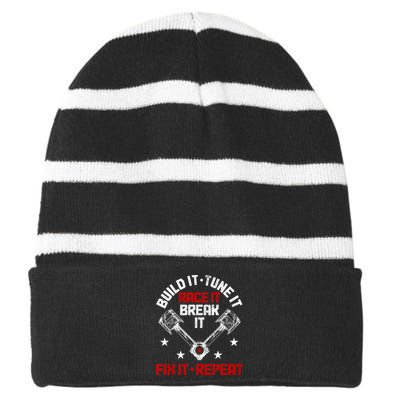 Racing Race Car Build Tune Break Fix Funny Racer Drag Racing Striped Beanie with Solid Band