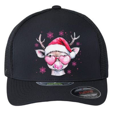 Retro Reindeer Christmas Blowing Bubble Holiday Season Xmas Flexfit Unipanel Trucker Cap