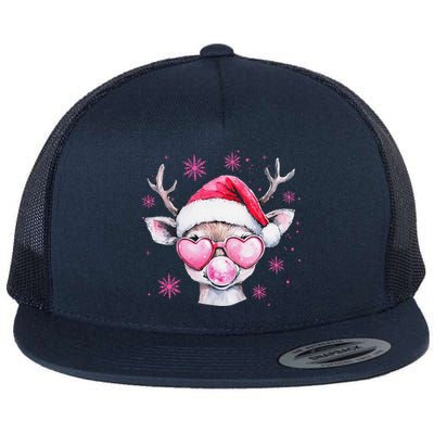 Retro Reindeer Christmas Blowing Bubble Holiday Season Xmas Flat Bill Trucker Hat