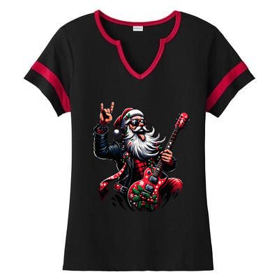 Rock & Roll Christmas Santa Claus Guitar Player Ladies Halftime Notch Neck Tee