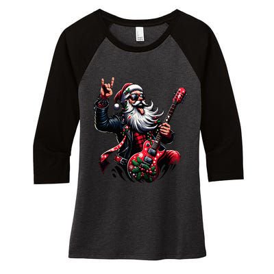 Rock & Roll Christmas Santa Claus Guitar Player Women's Tri-Blend 3/4-Sleeve Raglan Shirt