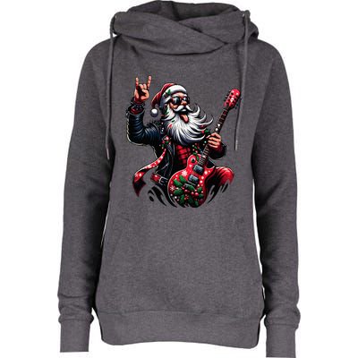 Rock & Roll Christmas Santa Claus Guitar Player Womens Funnel Neck Pullover Hood