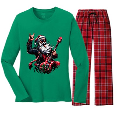 Rock & Roll Christmas Santa Claus Guitar Player Women's Long Sleeve Flannel Pajama Set 