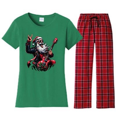 Rock & Roll Christmas Santa Claus Guitar Player Women's Flannel Pajama Set