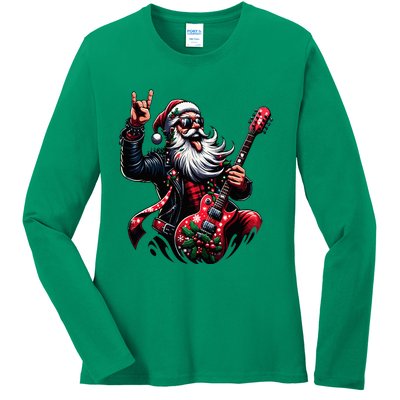 Rock & Roll Christmas Santa Claus Guitar Player Ladies Long Sleeve Shirt