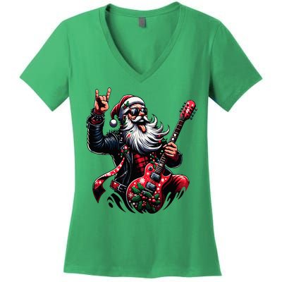 Rock & Roll Christmas Santa Claus Guitar Player Women's V-Neck T-Shirt