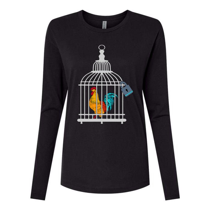 Red Rooster Cock Male Chastity Chicken In Cage Womens Cotton Relaxed Long Sleeve T-Shirt