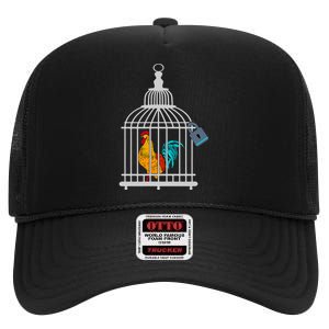 Red Rooster Cock Male Chastity Chicken In Cage High Crown Mesh Back Trucker Hat