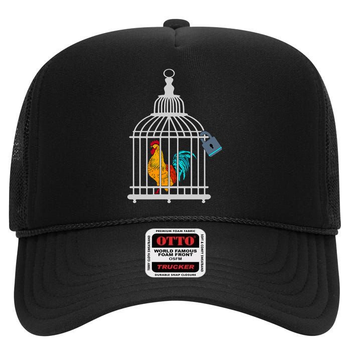 Red Rooster Cock Male Chastity Chicken In Cage High Crown Mesh Back Trucker Hat