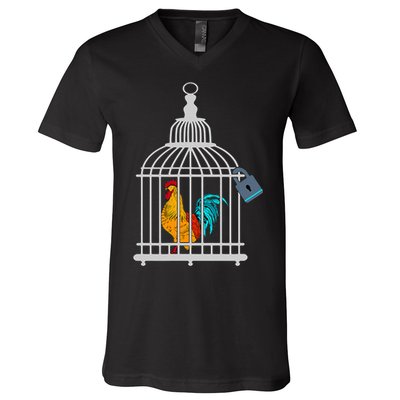 Red Rooster Cock Male Chastity Chicken In Cage V-Neck T-Shirt