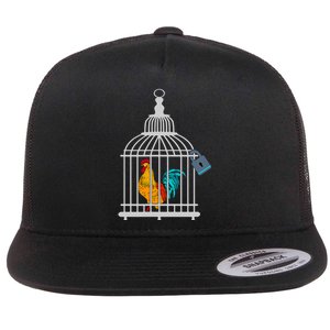 Red Rooster Cock Male Chastity Chicken In Cage Flat Bill Trucker Hat