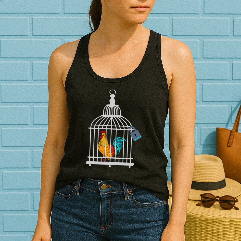 Red Rooster Cock Male Chastity Chicken In Cage Womens Tank Top