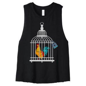 Red Rooster Cock Male Chastity Chicken In Cage Women's Racerback Cropped Tank