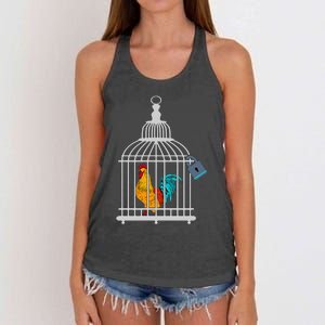 Red Rooster Cock Male Chastity Chicken In Cage Women's Knotted Racerback Tank