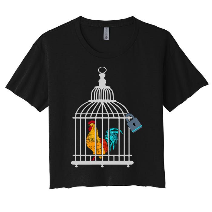 Red Rooster Cock Male Chastity Chicken In Cage Women's Crop Top Tee